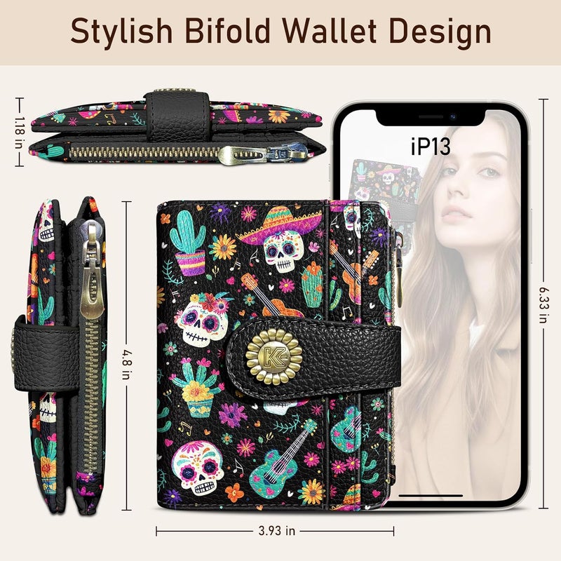 Kelvoris Skull Small Rfid Women Wallet Bifold Zipper Coin Pocket PU Leather Compact Cash Credit Card Holder Travel Wallet for Female Ladies Teen Girls 1 ID Window 10 Card Slots Day of The Dead - Image 5
